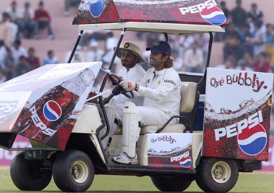 India in the driving seat? MS Dhoni and Harbhajan Singh take charge of the drinks cart