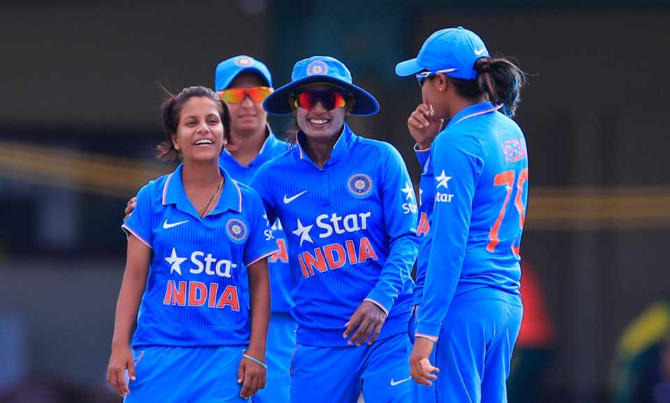 Poonam Yadav gets a hug from Mithali Raj after picking up the wicket of Marizanne Kapp