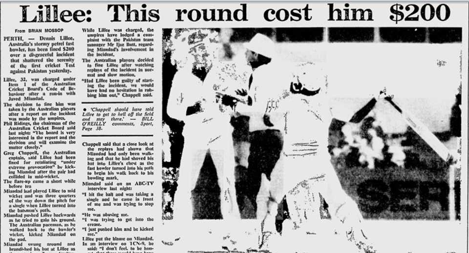The <i>Sydney Morning Herald</i> reports Dennis Lillee and Javed Miandad's clash, Australia v Pakistan, Perth, November 17, 1981