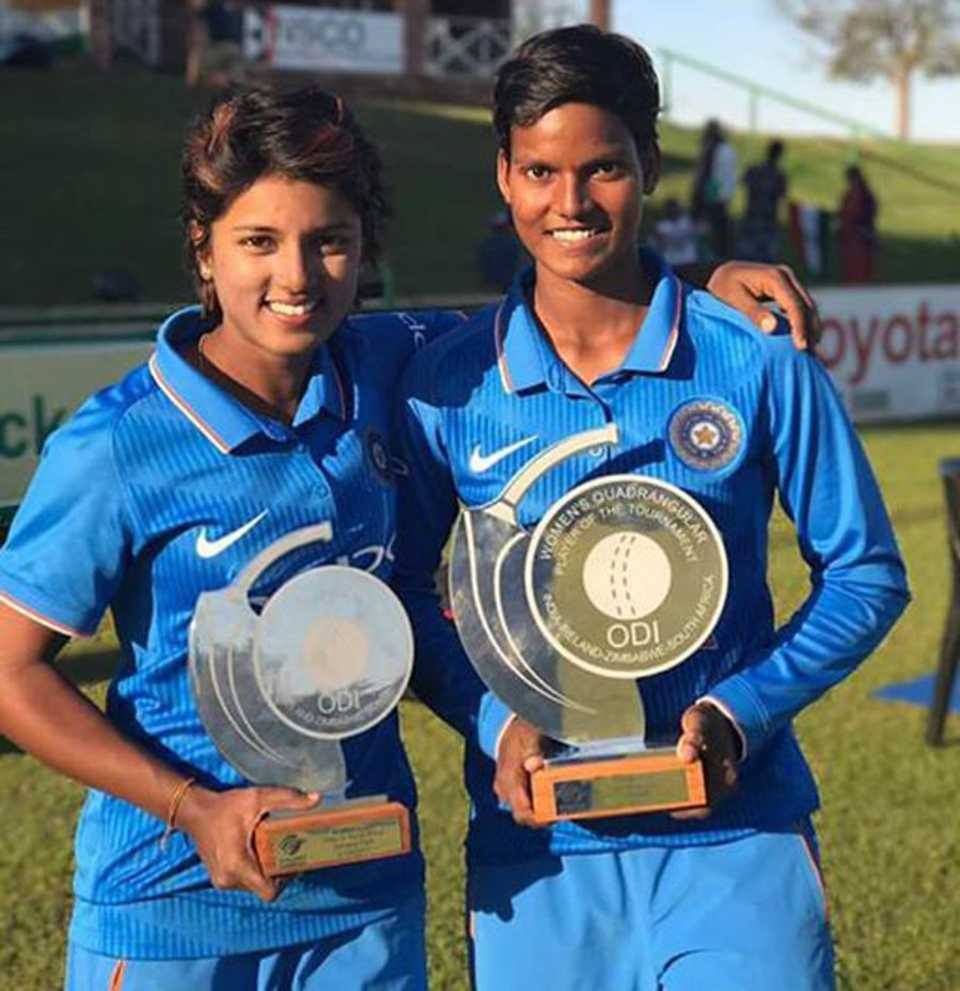 Punam Raut and Deepti Sharma with trophies at the end of the Women's Quadrangular Series final