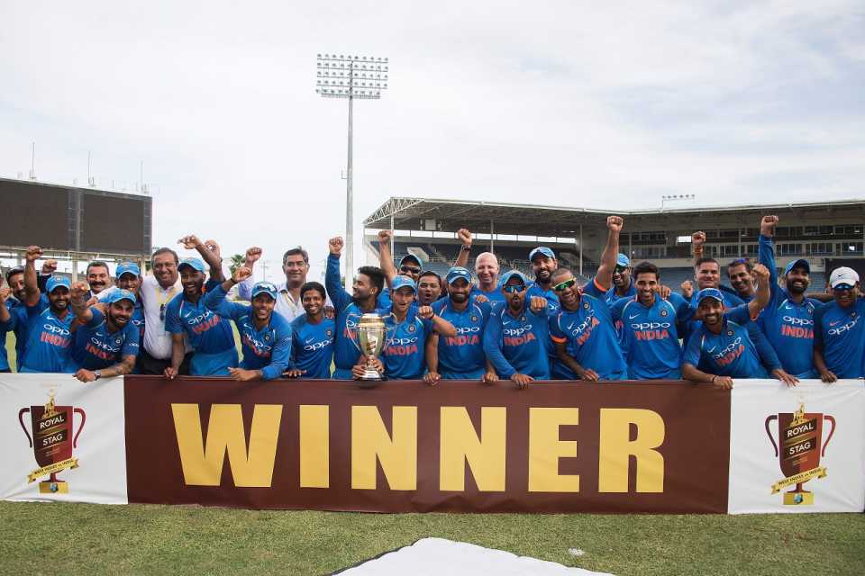 India celebrate their series win, West Indies v India, 5th ODI, Kingston, July 6, 2017