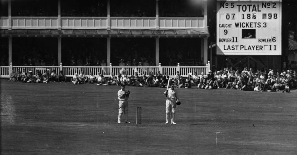 Arthur Fagg raises his bat after reaching 2000 first-class and Championship runs for the season, Kent v Lancashire, County Championship, 1st day, Canterbury, August 3, 1938