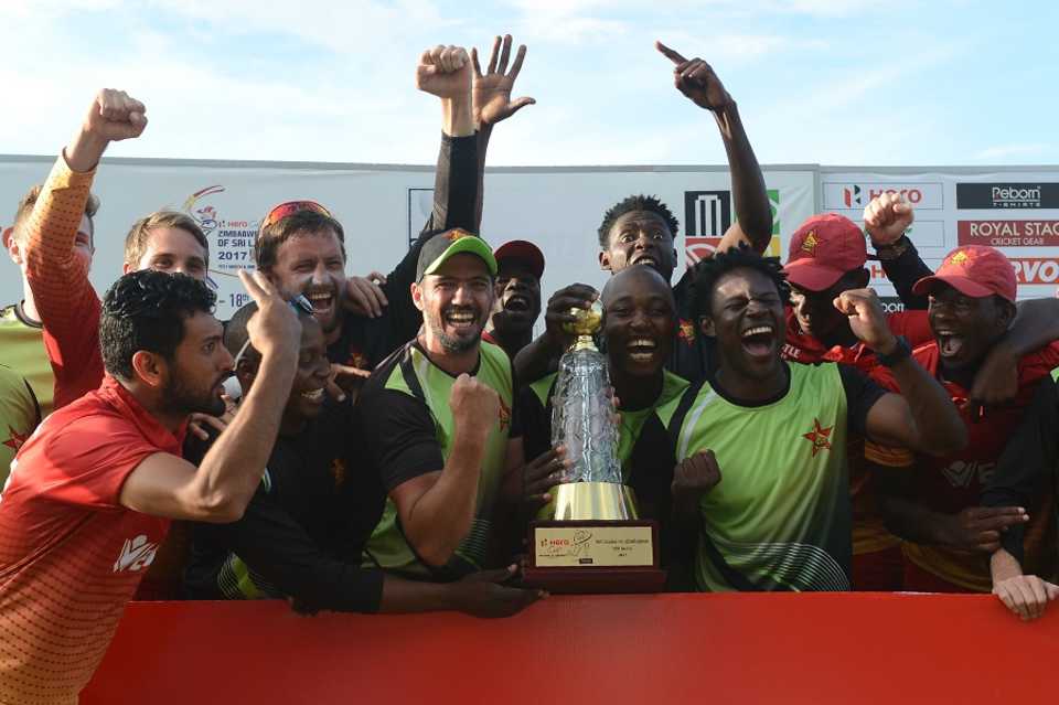 Members of Zimbabwe's ODI team celebrate their series win over Sri Lanka