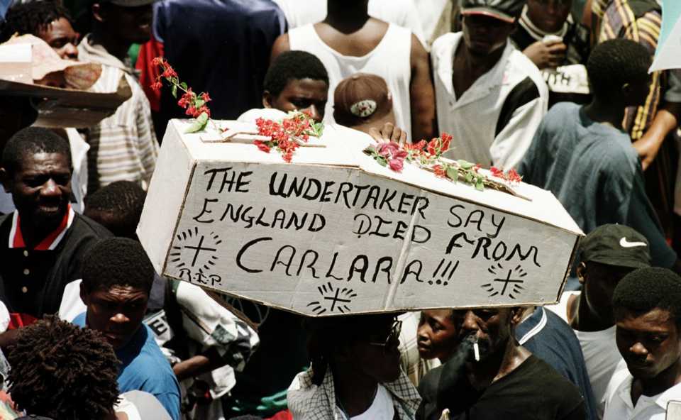 A spectator at Arnos Vale wears a mock coffin over his head, West Indies v England, 4th ODI, Kingstown, St Vincent, April 5, 1998