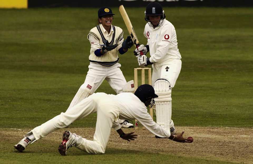 Jhulan Goswami dives in an attempt to take a catch during the 2002 Taunton Test