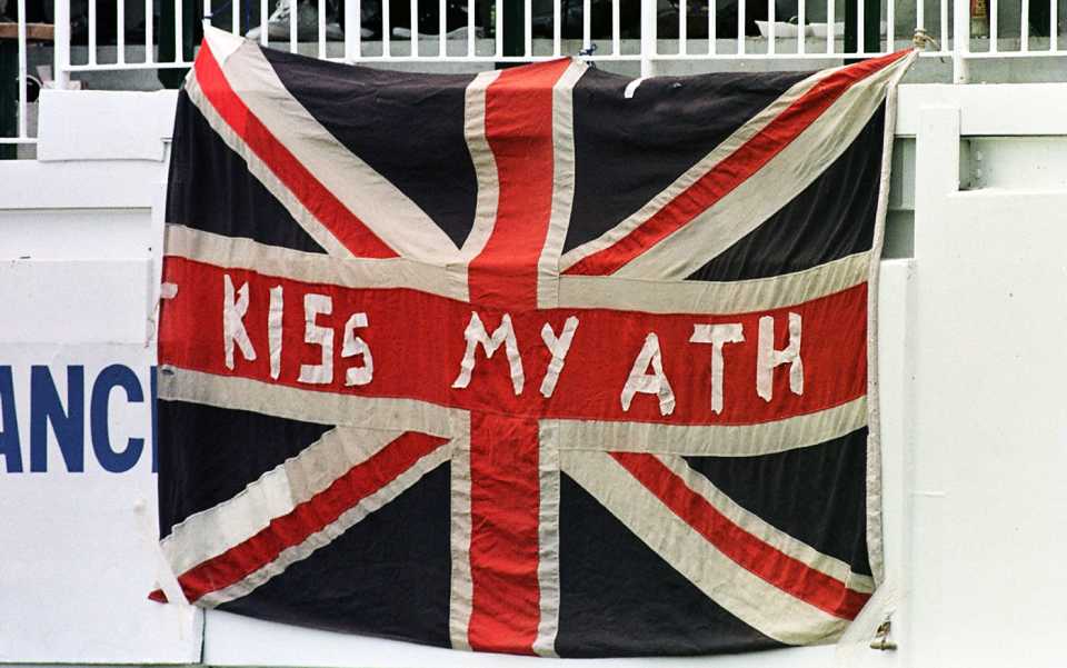 A fan's flag hangs on the railings of the stand