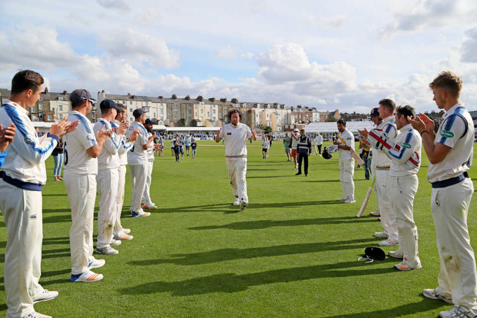 Ryan Sidebottom walks off at Scarborough for the last time, Yorkshire v Essex, Specsavers Championship, Division One, Scarborough, 2nd day, August 7, 2017