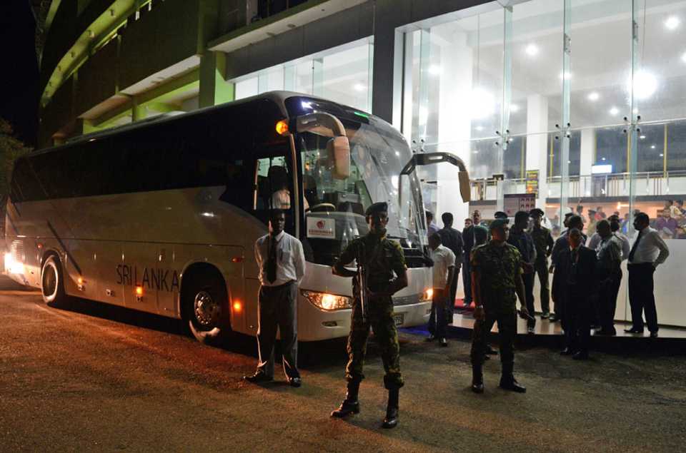 Sri Lankan Special Task Force soldiers guard the Sri Lankan team bus