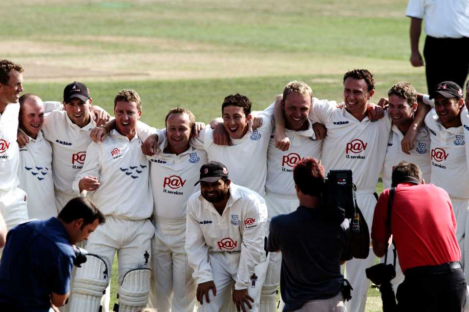 Sussex players pose for photos on the pitch, Sussex v Leicestershire, County Championship Division One, Hove, September 19, 2003