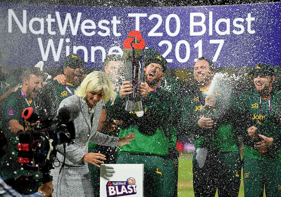 Dan Christian was covered in champagne after getting the trophy in the eye, Birmingham v Nottinghamshire, NatWest Blast final, Edgbaston, September 2, 2017