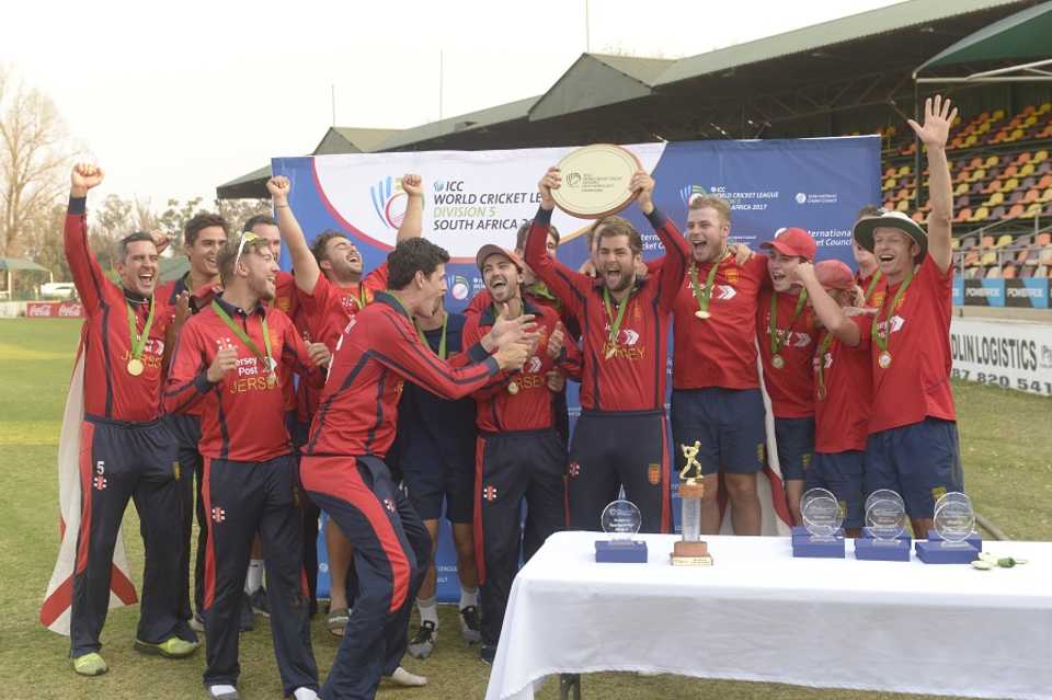 The victorious Jersey team lift the title, Jersey v Vanuatu, World Cricket League Division Five, Benoni, September 9, 2017