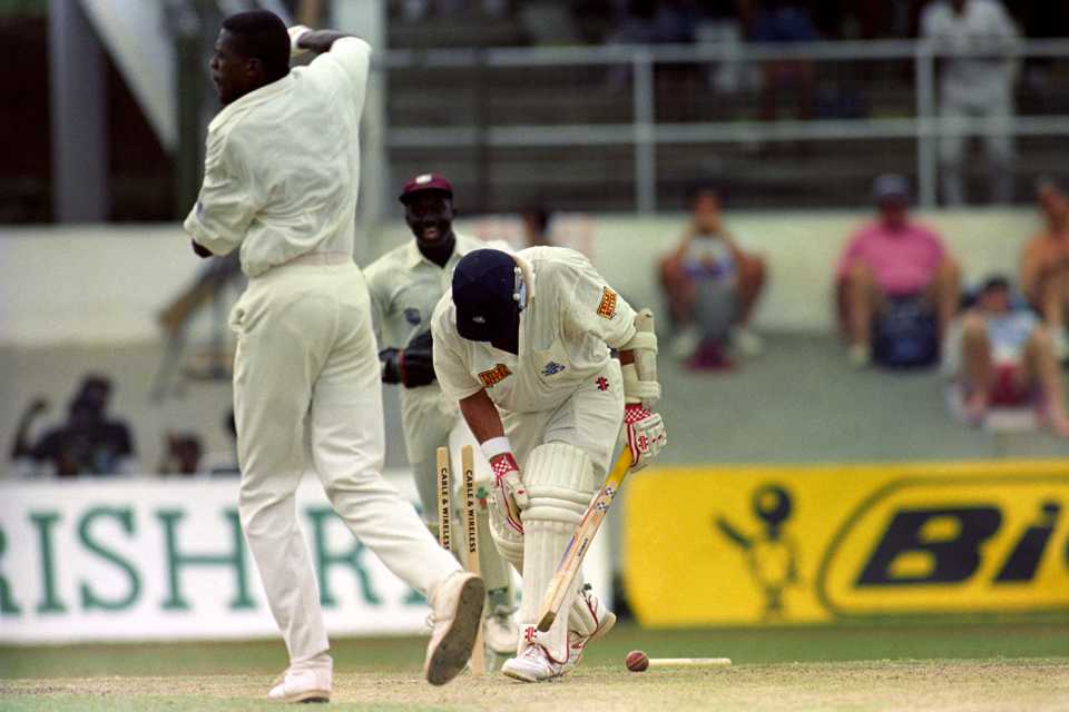 Curtly Ambrose bowls Robin Smith, West Indies v England, 3rd Test, Trinidad, 4th day, March 29, 1994