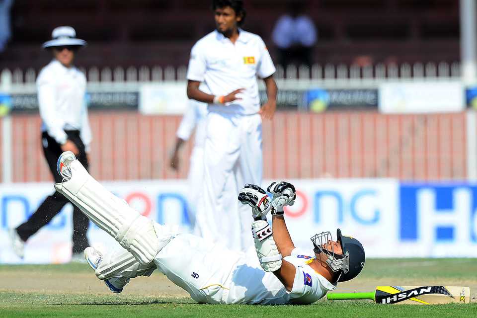 Azhar Ali falls to the ground after surviving a run-out attempt, Pakistan v Sri Lanka, 3rd Test, Sharjah, 5th day, January 20, 2014