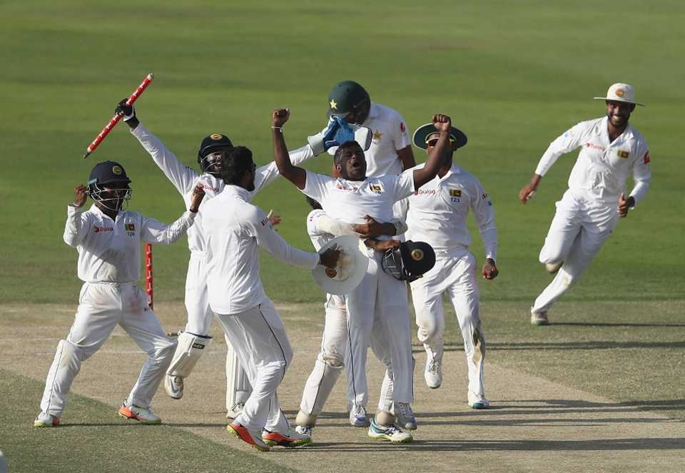 Sri Lanka players celebrate their remarkable win