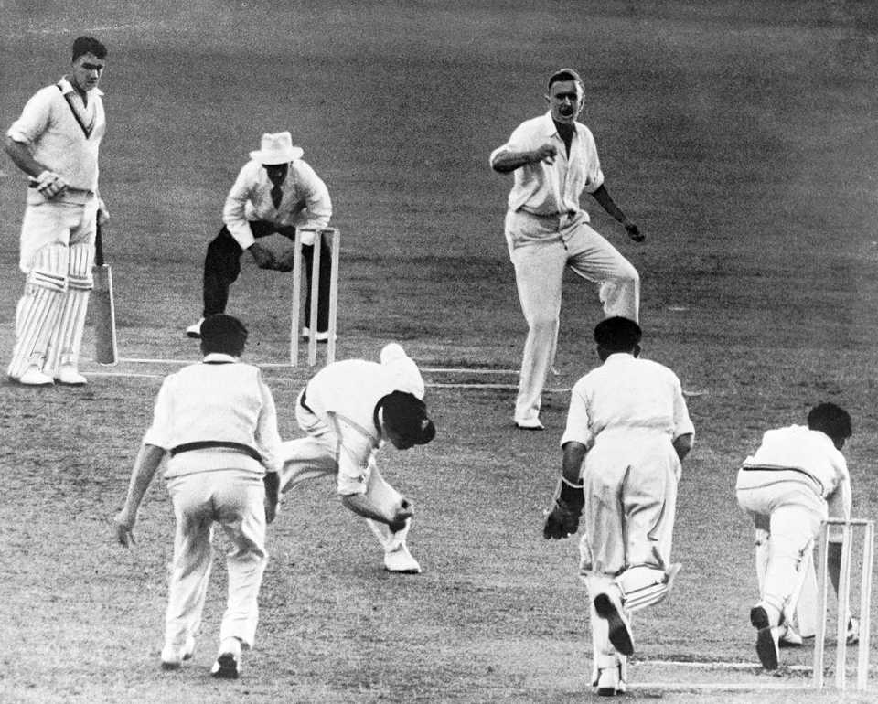 Sam Loxton drops Trevor Bailey off the bowling of Jack Iverson, Australia v England, 1st Test, Brisbane, day five, December 5, 1950