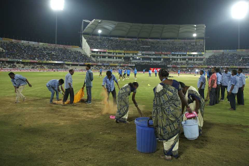 There were large wet patches on the outfield in Hyderabad