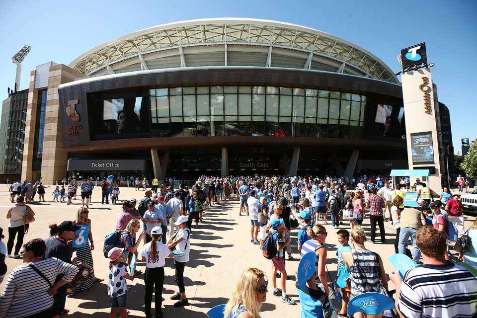 Spectators queue outside the Adelaide Oval to watch a Big Bash game