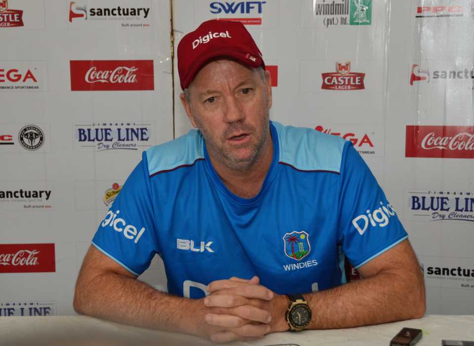West Indies coach Stuart Law addresses the press conference