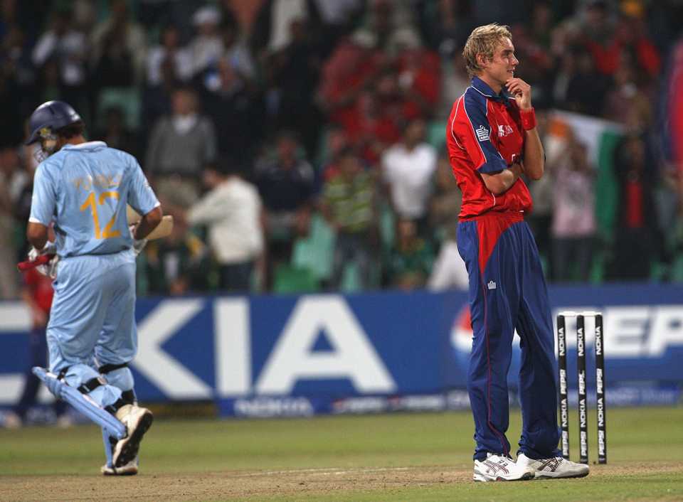 Stuart Broad after being hit for a six by Yuvraj Singh