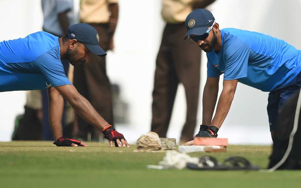 Cheteshwar Pujara and Ajinkya Rahane get a feel for the green pitch, India v Sri Lanka, 2nd Test, Nagpur, November 23, 2017
