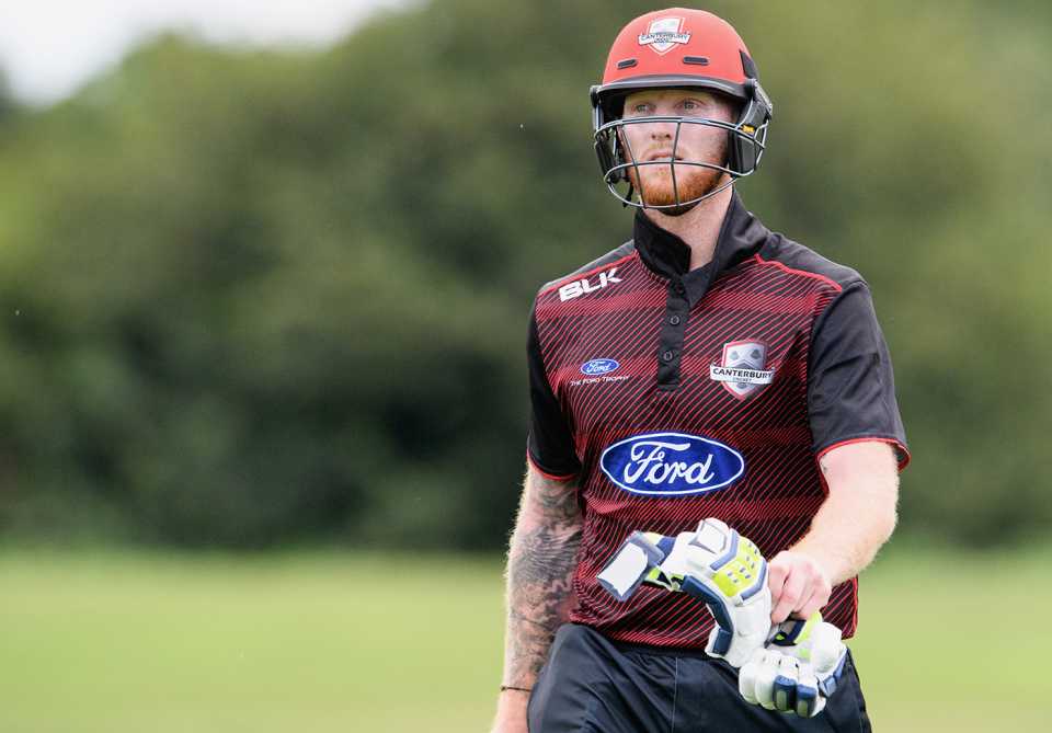 Ben Stokes walks back dejected after getting run out for 0