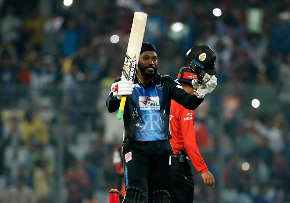 Chris Gayle celebrates yet another T20 hundred