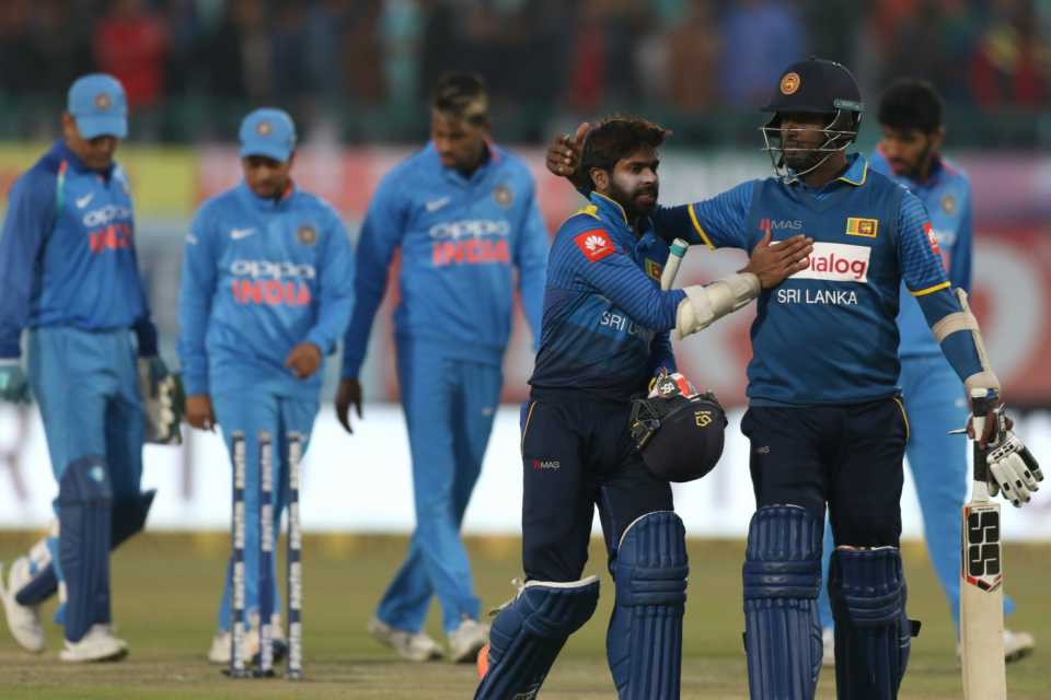Angelo Mathews and Niroshan Dickwella celebrate Sri Lanka's win, India v Sri Lanka, 1st ODI, Dharamsala, December 10, 2017