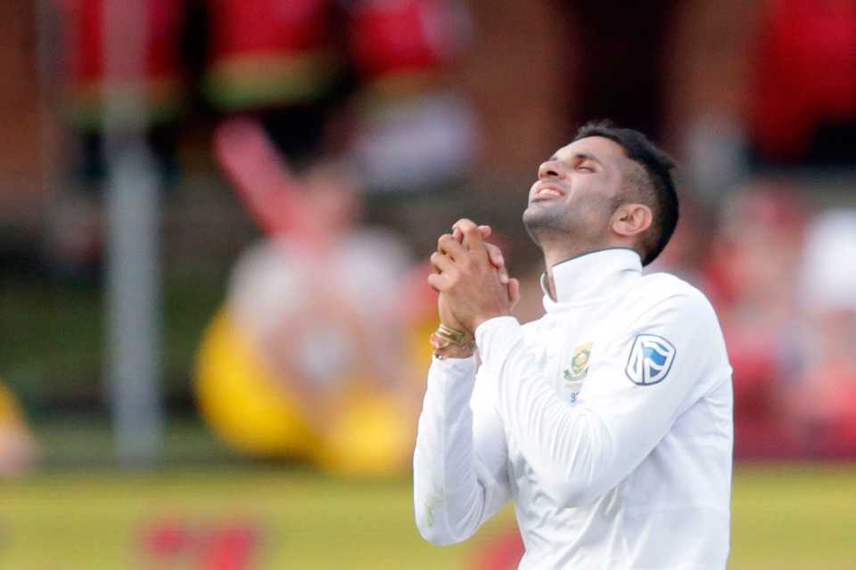Keshav Maharaj looks at the skies after completing a five-wicket haul, South Africa v Zimbabwe, only Test, 2nd day, Port Elizabeth, December 27, 2017