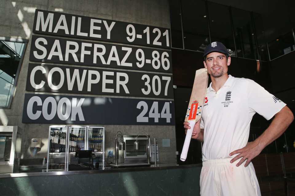Alastair Cook poses with his name up on the wall at the MCG's Percy Beames Bar, Australia v England, 4th Test, Melbourne, 5th day, December 30, 2017