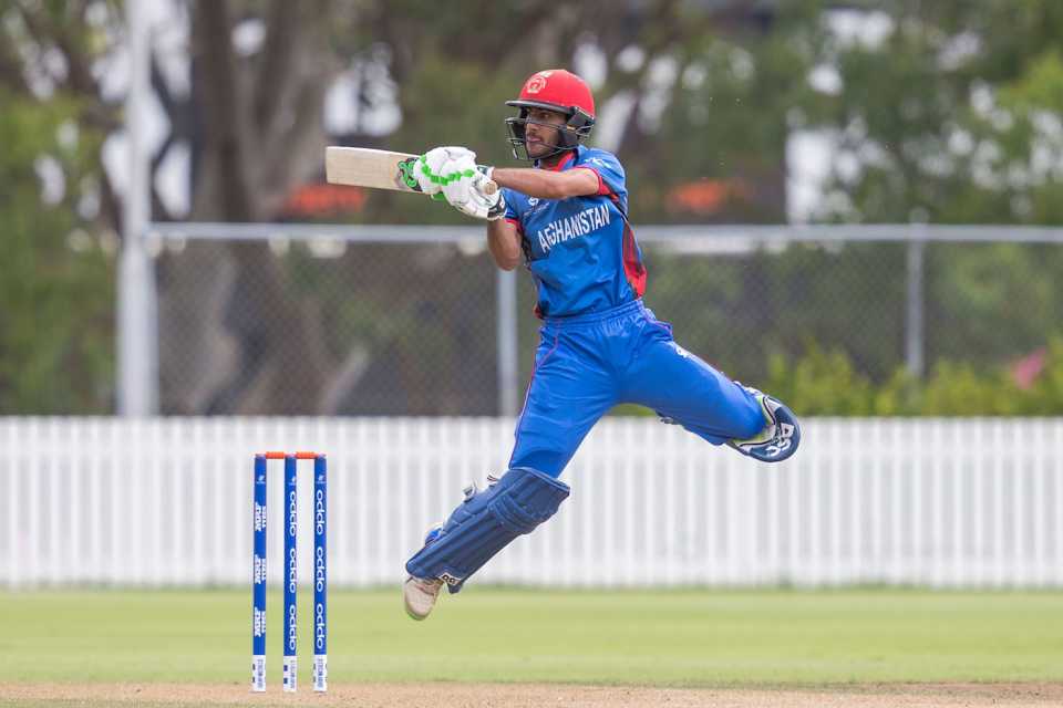 Ikram Ali Khil gets off his feet to play a shot during his innings of 55, Afghanistan v Sri Lanka, Under-19 World Cup, Group D, Whangarei, January 17, 2018