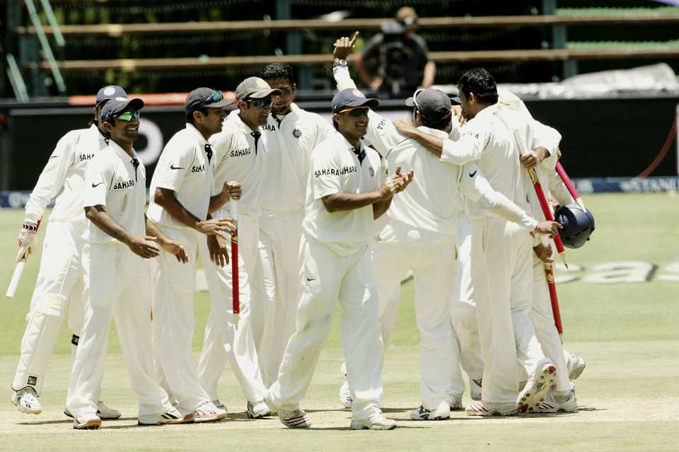 India celebrate their first Test win in South Africa, South Africa v India, 1st Test, Johannesburg, 4th day, December 18, 2006