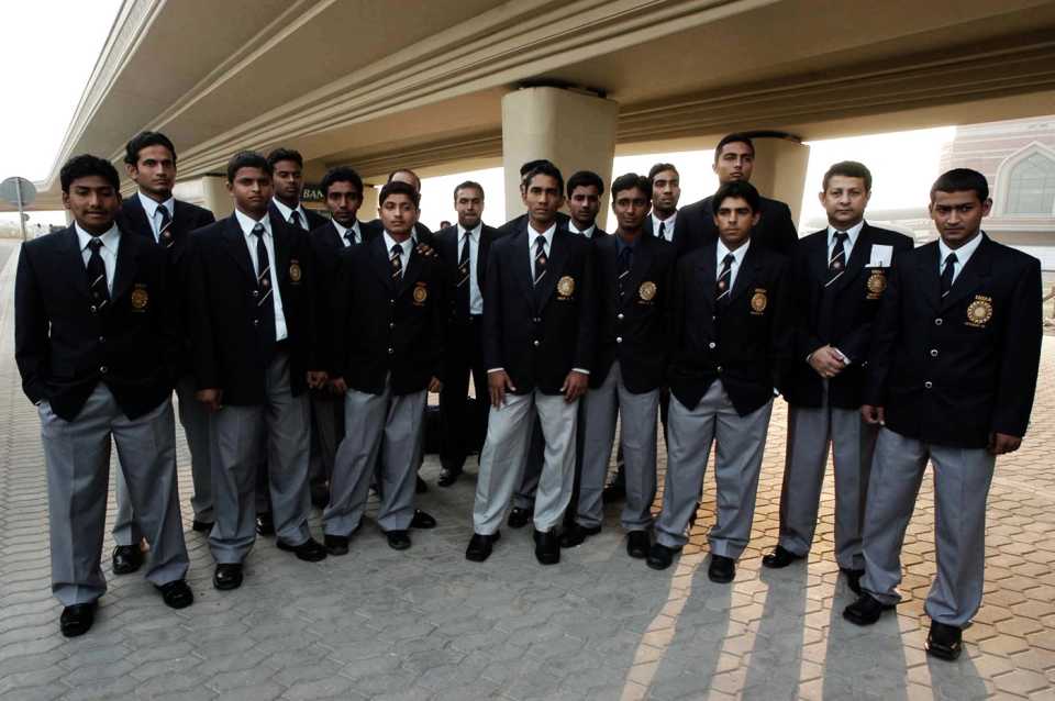 Indian Under-19 players arrive for a tour to Pakistan with their coach Robin Singh