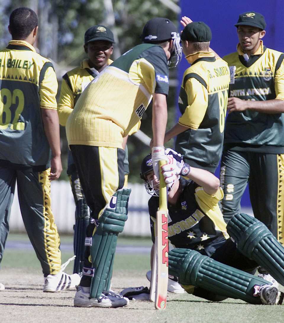 South Africa celebrate the dismissal of Shaun Marsh, who was run out after colliding with his partner, Jarrad Burke, Australia v South Africa, Under-19 World Cup final, Lincoln, February 9, 2002