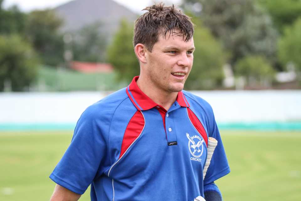 Gerhard Erasmus walks off exhausted but exultant after taking Namibia to victory, Namibia v Oman, ICC World Cricket League Division Two, Windhoek, February 11, 2018