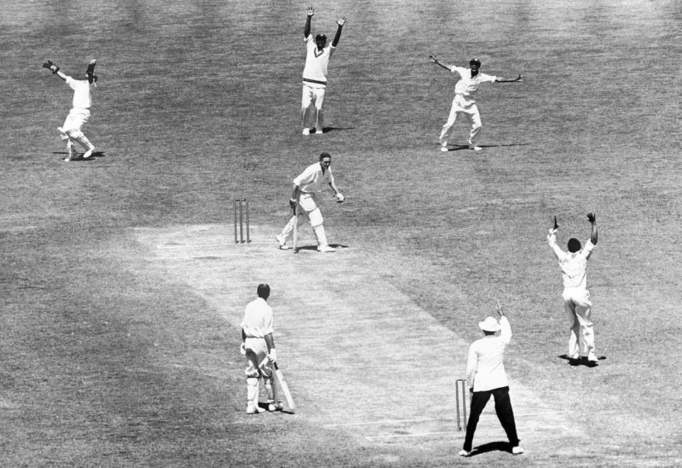 Alan Davidson is caught behind by Gerry Alexander off Garry Sobers while Richie Benaud watches from  the non-striker's end