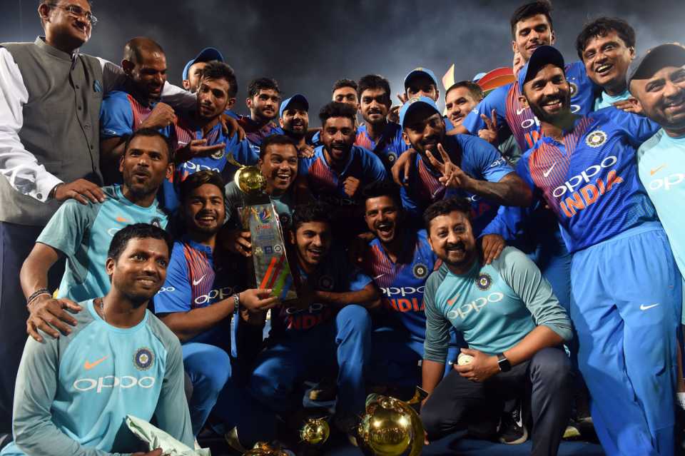 The Indian team pose with the trophy, India v Bangladesh, Nidahas Trophy final, Colombo, March 18, 2018