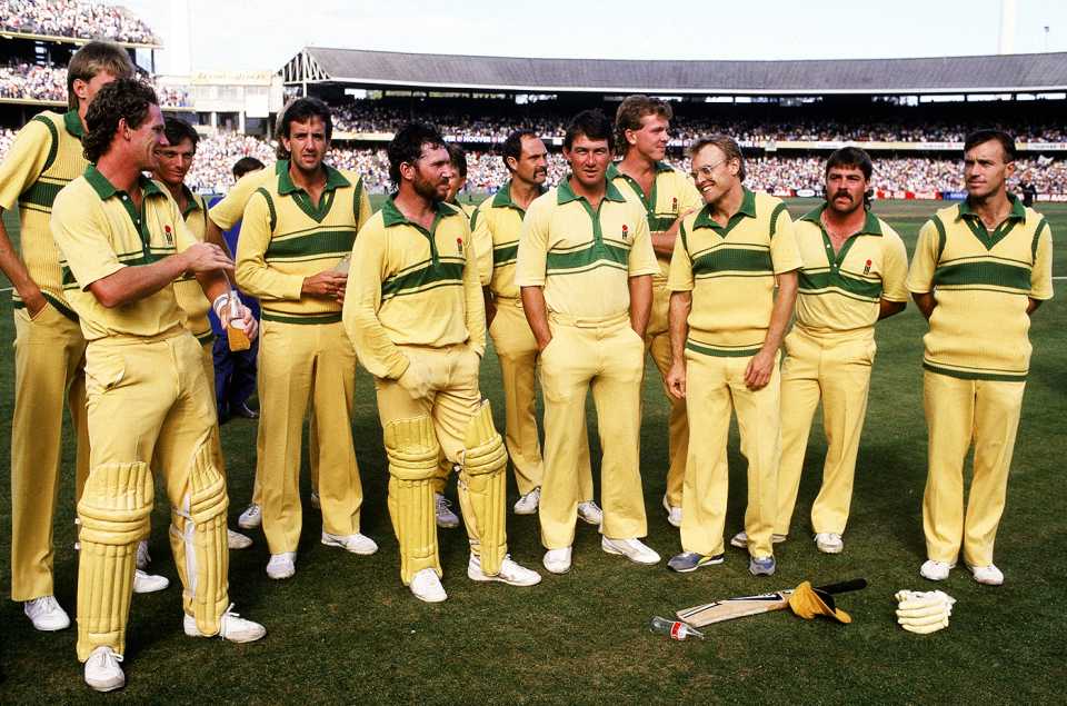 The Australian team waits for the trophy presentation after winning the Benson & Hedges World Series Cup, Australia v India, 2nd final, Melbourne, February 9, 1986