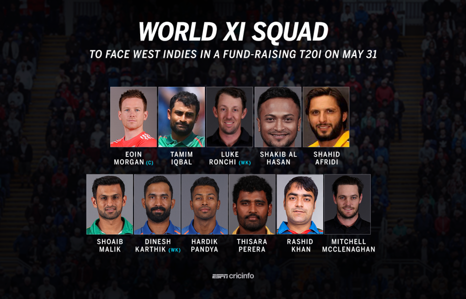 Eoin Morgan will lead an ICC World XI side against West Indies on May 31