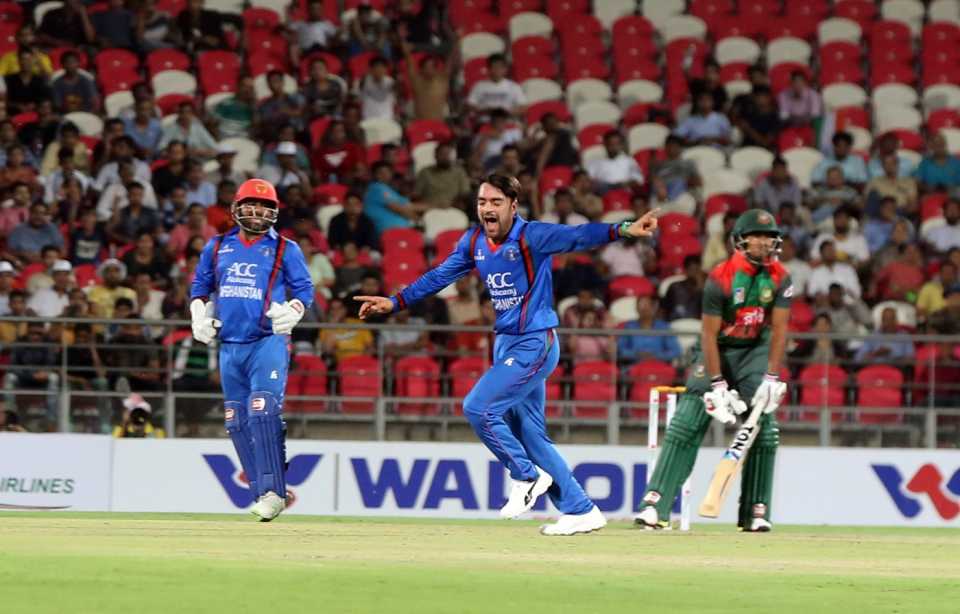 Rashid Khan wheels away after taking a wicket, Afghanistan v Bangladesh, 2nd T20I, Dehradun