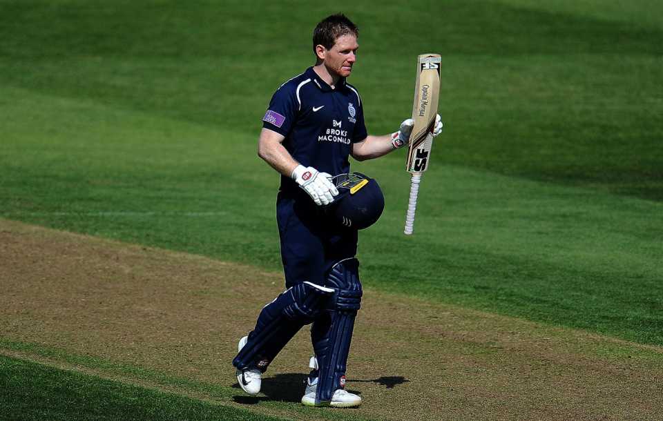 Eoin Morgan acknowledges his hundred