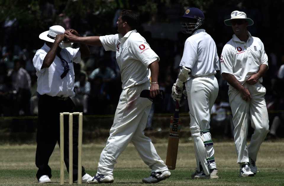 Darren Gough snatches his sunglasses off umpire TM Samarasinghe's head, Sri Lanka Colts XI v England, Kurunegala, March 3, 2001