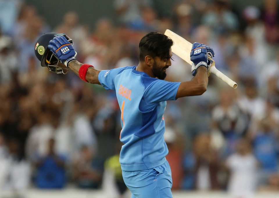 KL Rahul celebrates his hundred, England v India, 1st T20I, Manchester, July 3, 2018