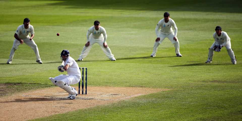 Steven Finn ducks, New Zealand v England, 1st Test, Dunedin, 5th day, March 10, 2013