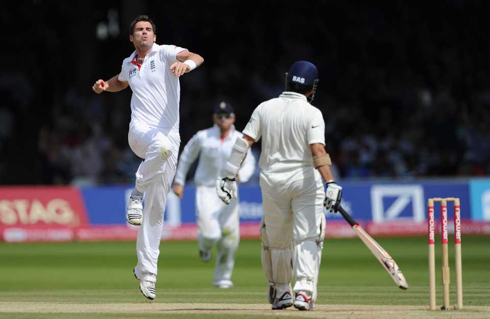 James Anderson celebrates the wicket of Sachin Tendulkar