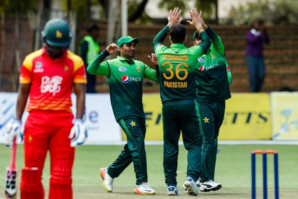 Usman Khan celebrates a wicket, Zimbabwe v Pakistan, 1st ODI, Bulawayo, July 13, 2018