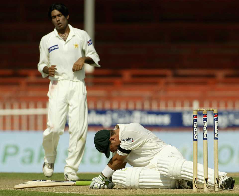 Ricky Ponting is hit by a Mohammad Sami delivery, Pakistan v Australia, third Test, day one, Sharjah, October 19, 2002