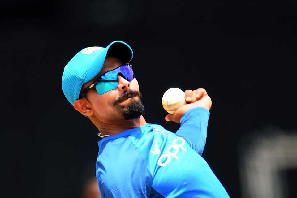 Ravindra Jadeja bowls at a practice session ahead of the first ODI, West Indies v India, Port-of-Spain, June 22, 2107
