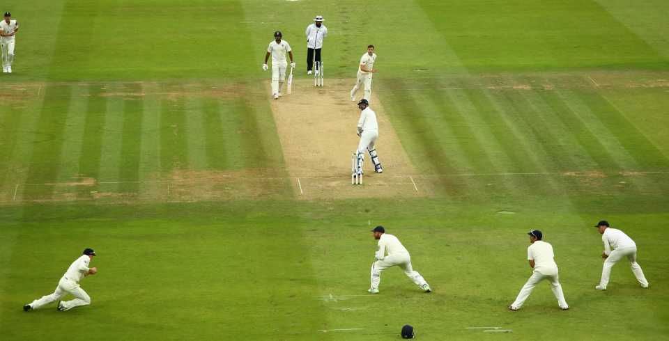 Ishant Sharma turns Chris Woakes straight to leg-slip to signal the winning moment for England