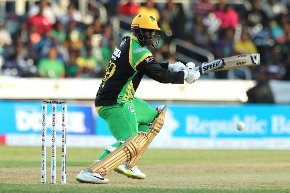 Kennar Lewis helps the ball into the off side, Jamaica Tallawahs v St Kitts and Nevis Patriots, CPL 2018, Kingston, August 15, 2018