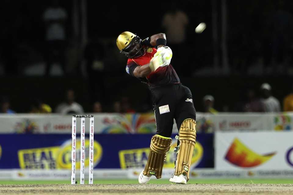 Dwayne Bravo clears the ball for take off, Jamaica Tallawahs v Trinbago Knight Riders, CPL 2018, Lauderhill, August 19, 2018
